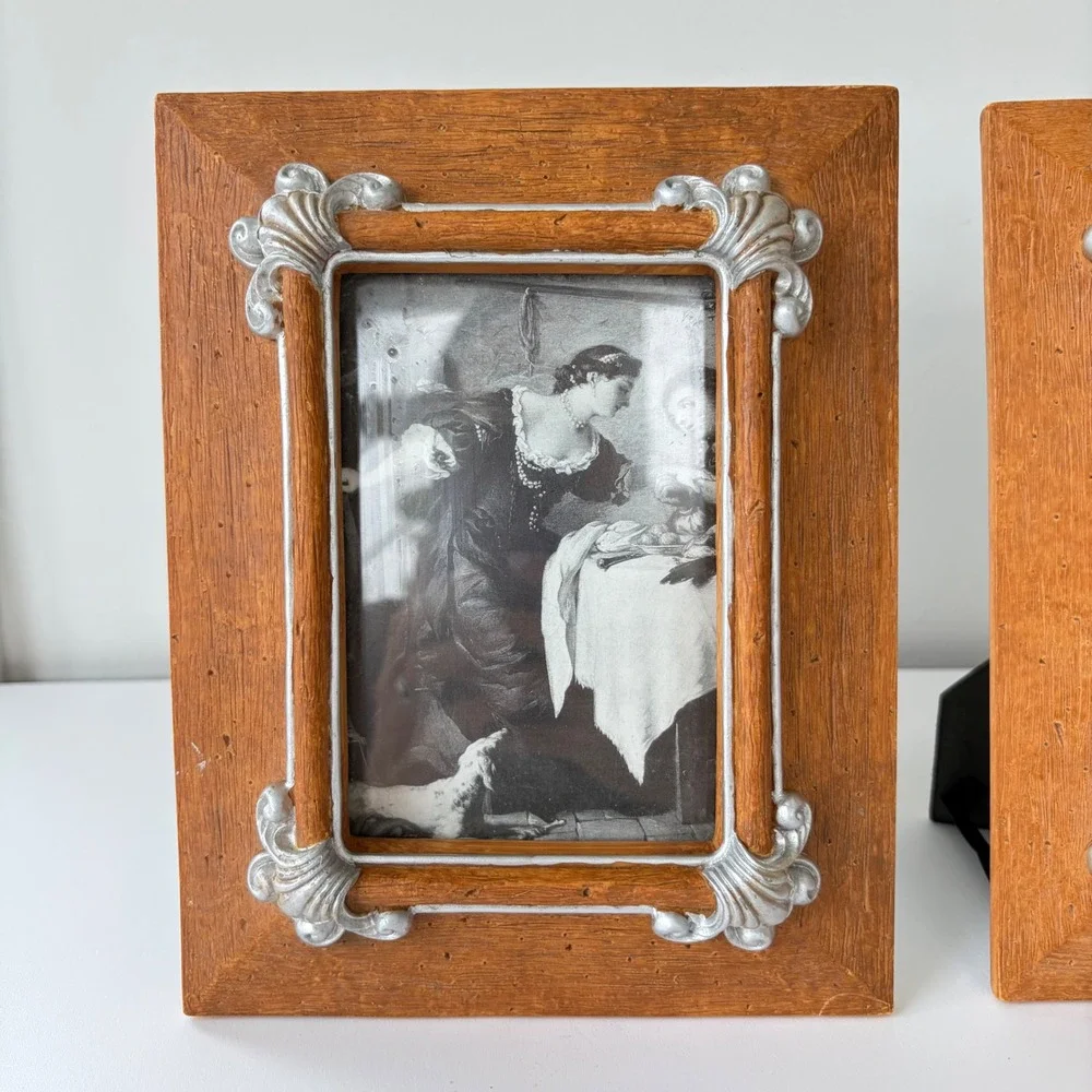 Vintage Ornate Wood Look Resin Picture Frames Silver Scroll Set of 2 Tabletop